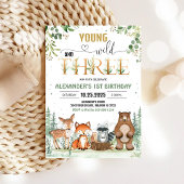 森の少年3歳の誕生日パーティーの招待状「Young Wild Three」 招待状