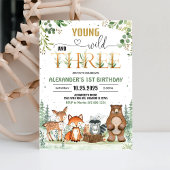 森の少年3歳の誕生日パーティーの招待状「Young Wild Three」 招待状