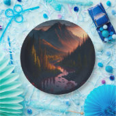 森の山の地平線と夕日 ペーパープレート (パーティー)