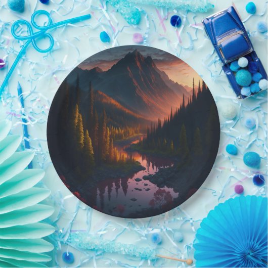 森の山の地平線と夕日 ペーパープレート (パーティー)