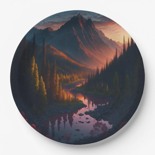 森の山の地平線と夕日 ペーパープレート (正面)