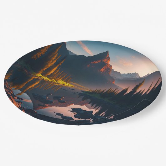 森の山の地平線と日の出 ペーパープレート (アングル)