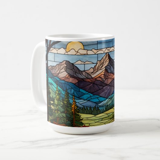 森の山の景色 ビンテージ ステンドグラス コーヒーマグカップ (正面左)
