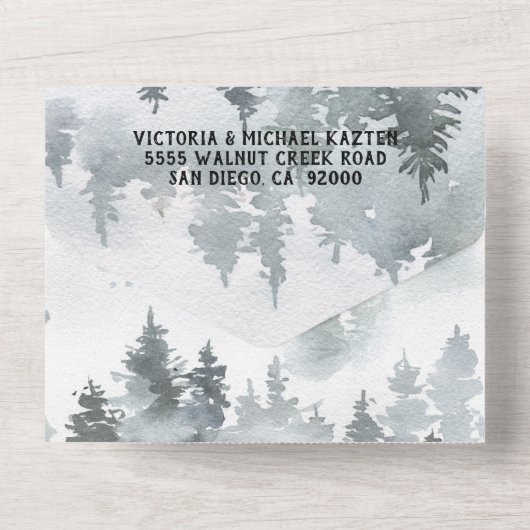 森の山の水彩画 ウェディング オールインワン招待状 (裏面)