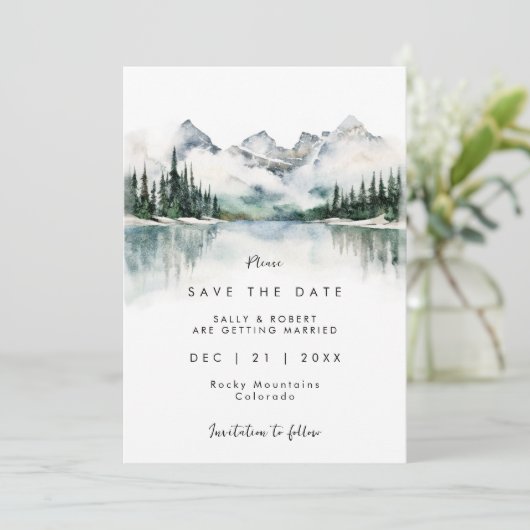 森の山の湖の冬の日付を保存 サンキューカード (スタンド正面)