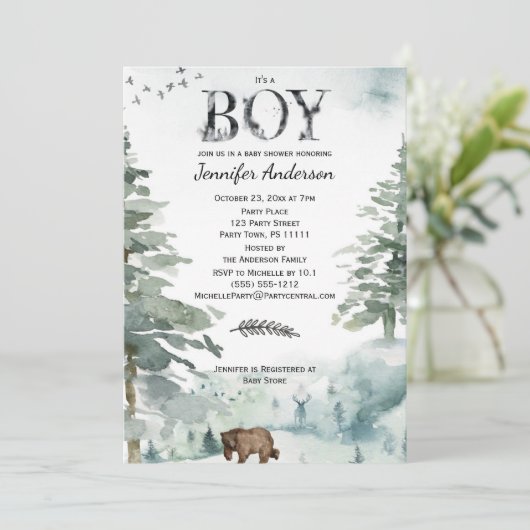 森の山の男の子の国クマ鹿の赤ちゃんシャワー 招待状 (スタンド正面)