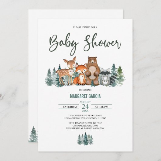 森の山緑の森林の赤ちゃんシャワー 招待状 (正面/裏面)