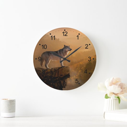 森の岩の上に立つ灰色のオオカミ ラージ壁時計 (ホーム)