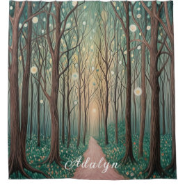 森の幻影：ナイトウッドのフローティングライト シャワーカーテン