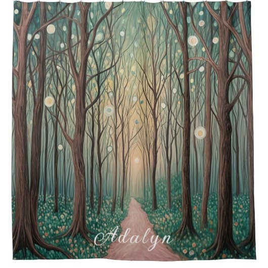 森の幻影:ナイトウッドのフローティングライト シャワーカーテン (正面)