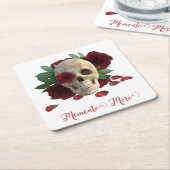 森の形見。赤いバラのスカル スクエアペーパーコースター (アングル)