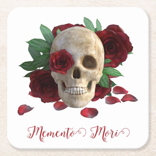 森の形見。赤いバラのスカル スクエアペーパーコースター (正面)