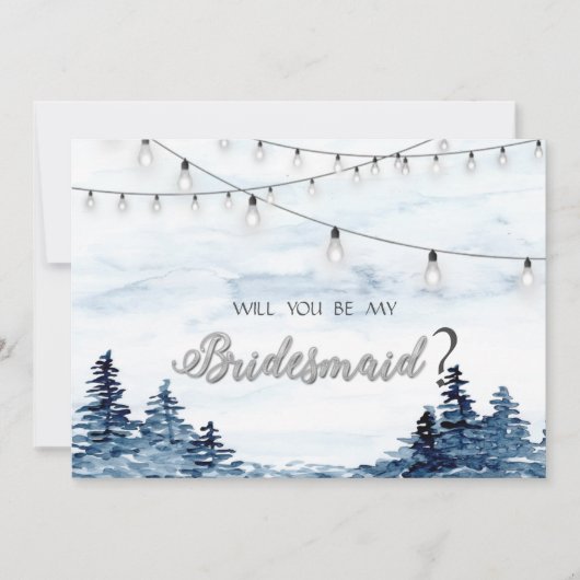 森の情景とストリングライトの水彩画、ブライズメイドカード 招待状 (正面)