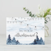 森の情景とストリングライトの水彩画、ブライズメイドカード 招待状 (スタンド正面)