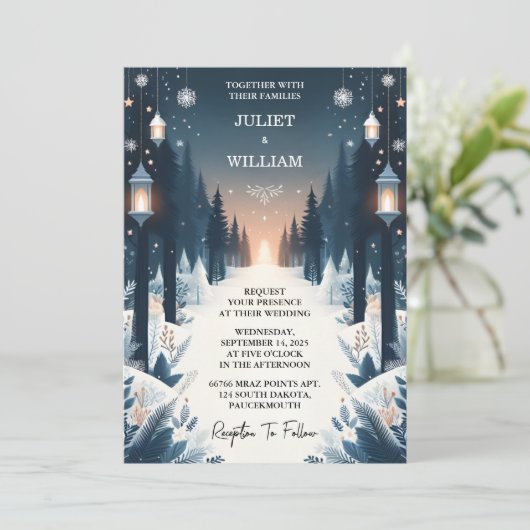 森の星素朴雪の明るい冬の結婚式を追加 招待状 (スタンド正面)
