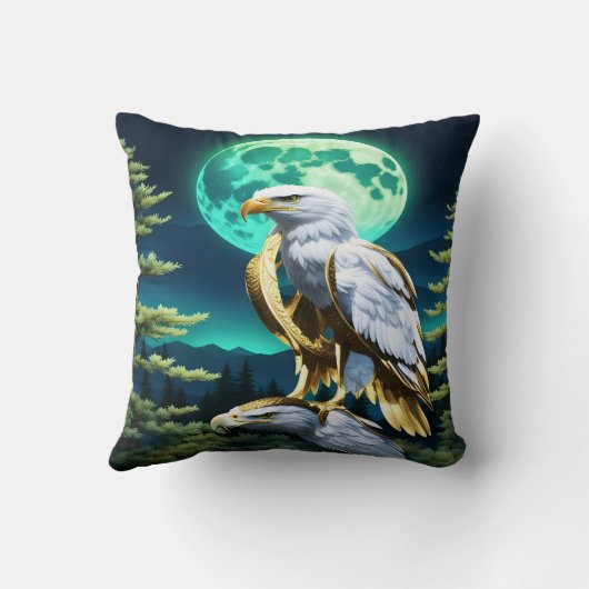 森の月に照らされた空の下に止まったワシ クッション (裏面)