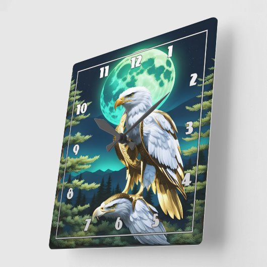 森の月に照らされた空の下に止まったワシ スクエア壁時計 (傾斜)