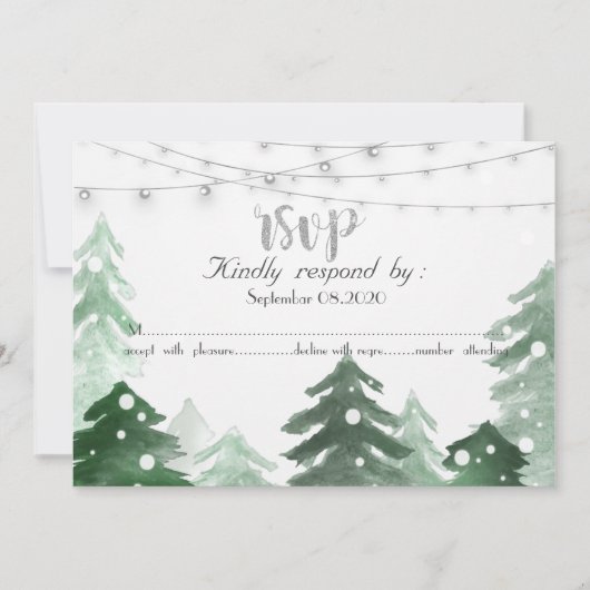 森の木々とイルミネーションの水彩デザイン, 出席確認 招待状 (正面)