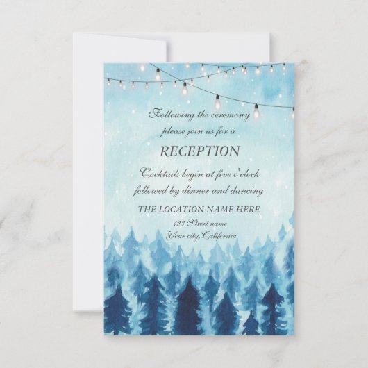 森の木々、森林、青い松の木のウェディングレセプション、 招待状 (正面)