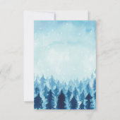 森の木々、森林、青い松の木のウェディングレセプション、 招待状 (裏面)