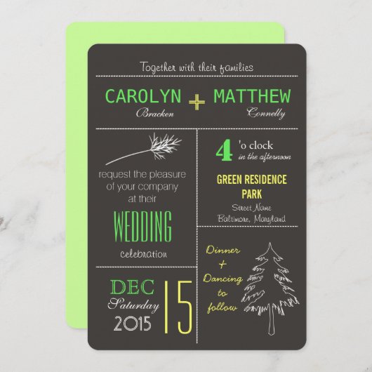 森の木のモダンな結婚式は招待状を残します 招待状 (正面/裏面)