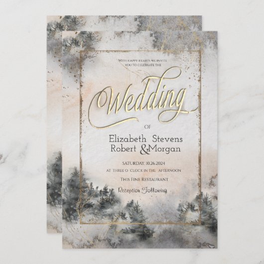 森の木の森の文字列のライト結婚ズ 招待状 (正面/裏面)