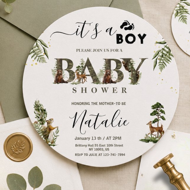 森の木立の動物 緑豊かなベビーシャワー 男の子 (Woodland Forest Animals Greenery Baby Boy Shower invite)