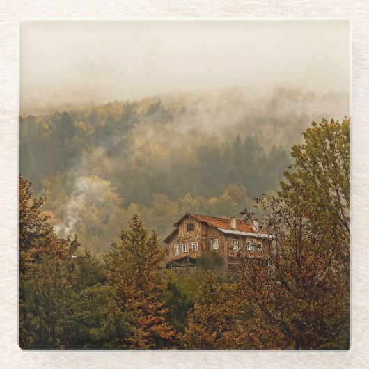 森の木造の家 – 静かなシーン ガラスコースター (正面)