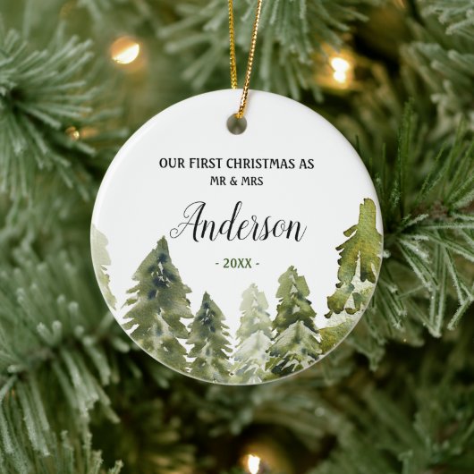 森の松の木の初めてのクリスマスはミスター・ミセス セラミックオーナメント (ツリー)