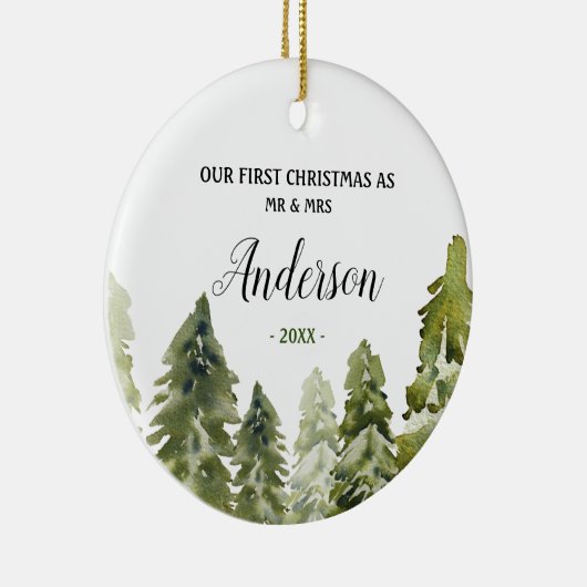 森の松の木の初めてのクリスマスはミスター・ミセス セラミックオーナメント (右)
