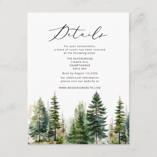 森の松の木エレガント冬の結婚式詳細 エンクロージャーカード (正面)