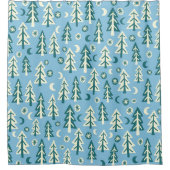 森の松の木ムーンスターブルーグリーン シャワーカーテン (正面)