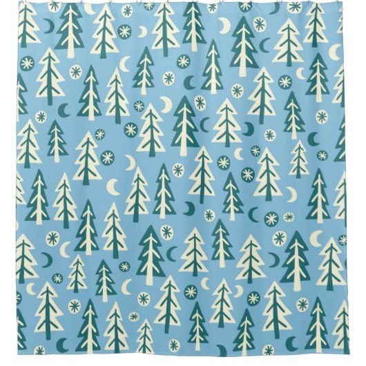 森の松の木ムーンスターブルーグリーン シャワーカーテン (正面)