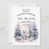 森の松の木 鹿 雪 山 結婚式 招待状 (正面)