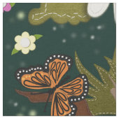 森の格言マッシュルームと蝶 ファブリック (クローズアップ)