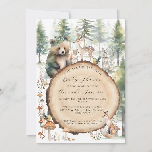 森の森かわいい動物は鹿の赤ちゃんシャワーを負担 招待状 (正面)