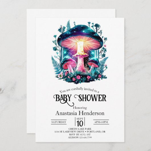 森の森のキノコの赤ちゃんシャワー 招待状 (正面/裏面)