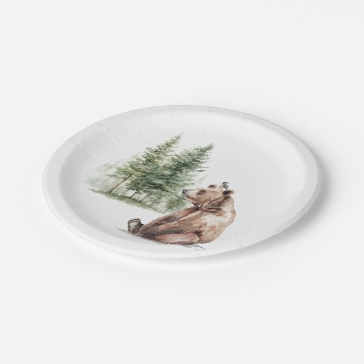 森の森の動物の熊と鳥の赤ちゃんシャワー ペーパープレート (アングル)