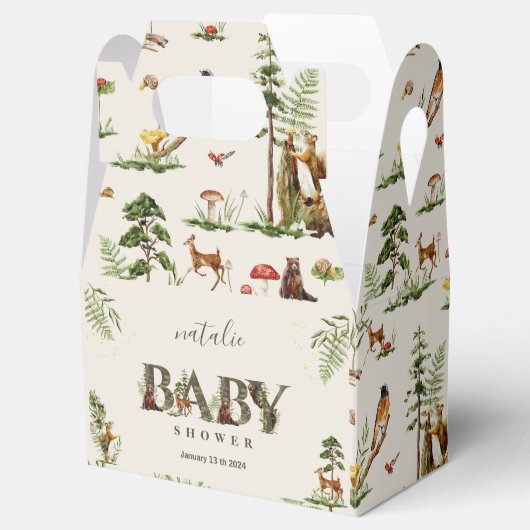 森の森の動物の緑の赤ちゃんシャワー フェイバーボックス (オープン)