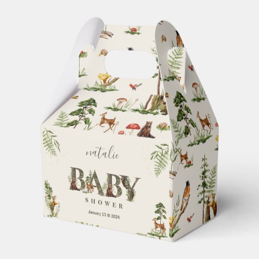 森の森の動物の緑の赤ちゃんシャワー フェイバーボックス (正面サイド)