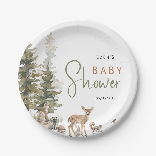森の森の動物の赤ちゃんシャワー ペーパープレート (正面)