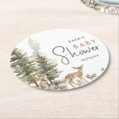 森の森の動物の赤ちゃんシャワー ラウンドペーパーコースター (アングル)