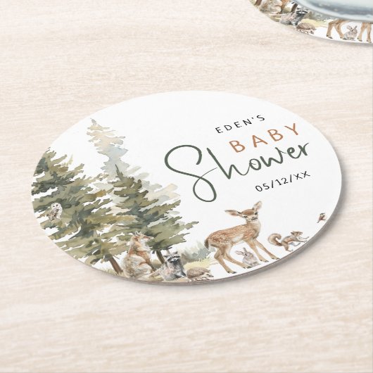 森の森の動物の赤ちゃんシャワー ラウンドペーパーコースター (アングル)