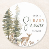 森の森の動物の赤ちゃんシャワー ラウンドペーパーコースター (正面)