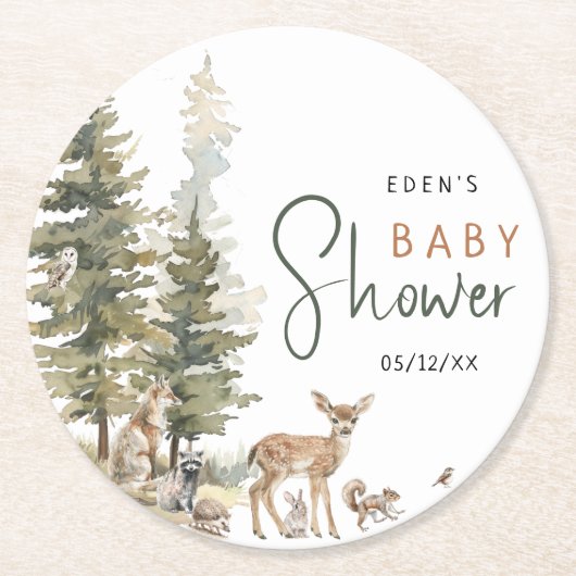 森の森の動物の赤ちゃんシャワー ラウンドペーパーコースター (正面)