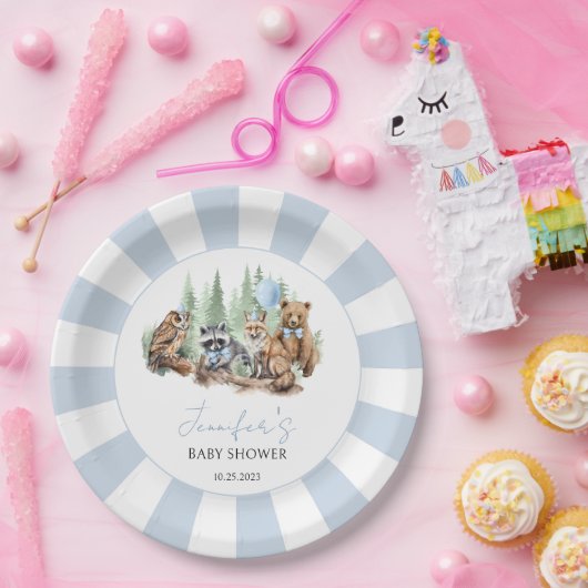森の森の動物の青い男の子の赤ちゃんシャワー ペーパープレート (パーティー)