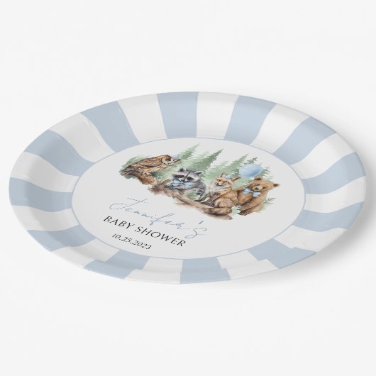 森の森の動物の青い男の子の赤ちゃんシャワー ペーパープレート (アングル)