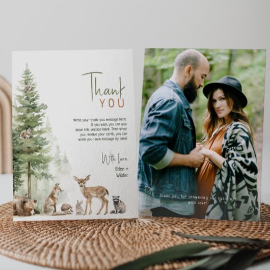 森の森の動物フラットフォトベビーシャワー サンキューカード