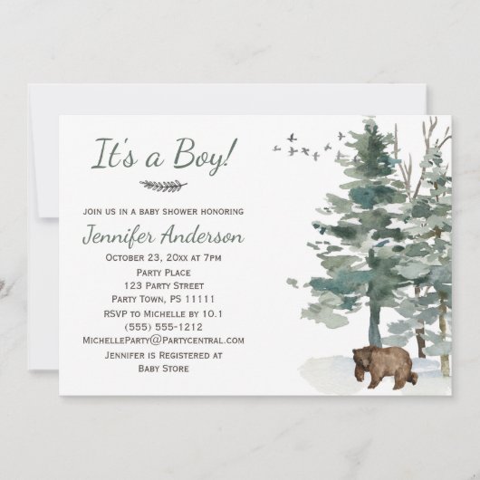 森の森の国クマ男の子の赤ちゃんシャワー 招待状 (正面)
