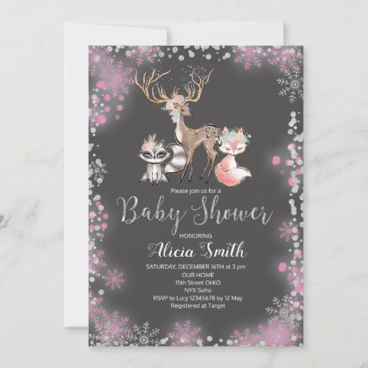 森の森の女の子の赤ちゃんシャワーの招待 招待状 (正面)